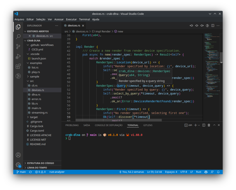 Print da tela de uma sessão do VS Code, onde temos à esquerda a árvore de arquivos (com diversos arquivos com extensão .rs). À direita em destaque temos um código, onde temos um pequeno painel com a explicação do enum Query, com indicação que receber um parâmetro u64 e uma String, e com a descrição "Render specified by a query string". Na parte de baixo um terminal vazio.